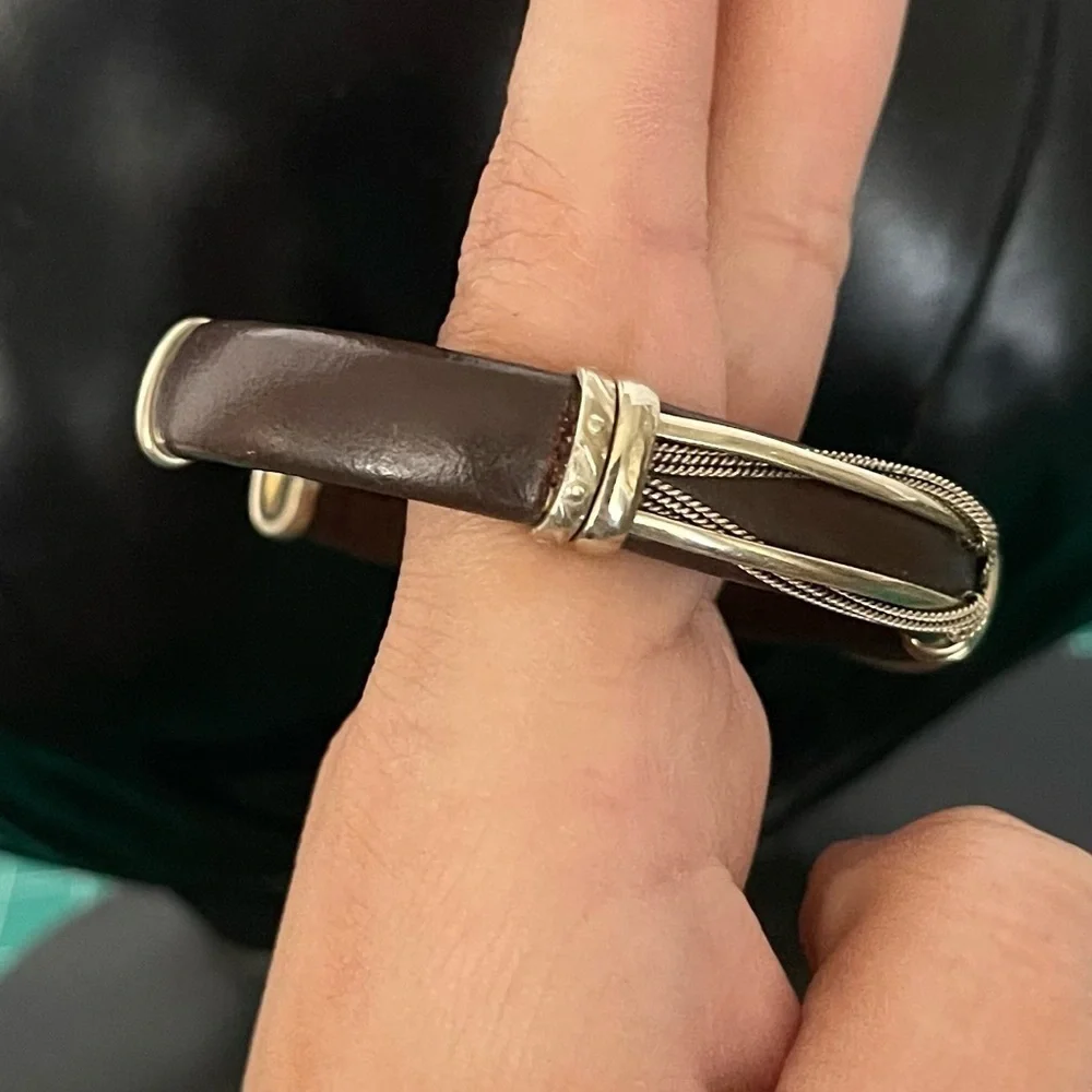 Leather brass wired silver tone cuff bracelet